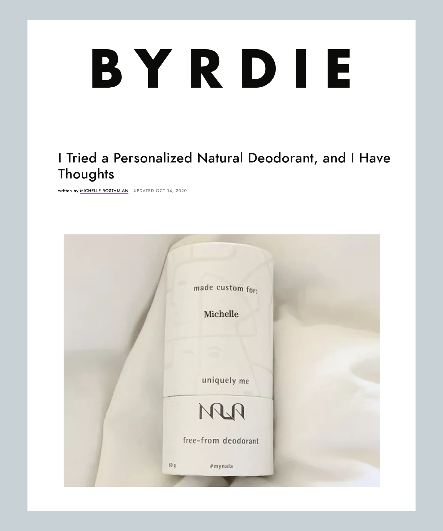 Byrdie: I Tried a Personalized Natural Deodorant, and I Have Thoughts